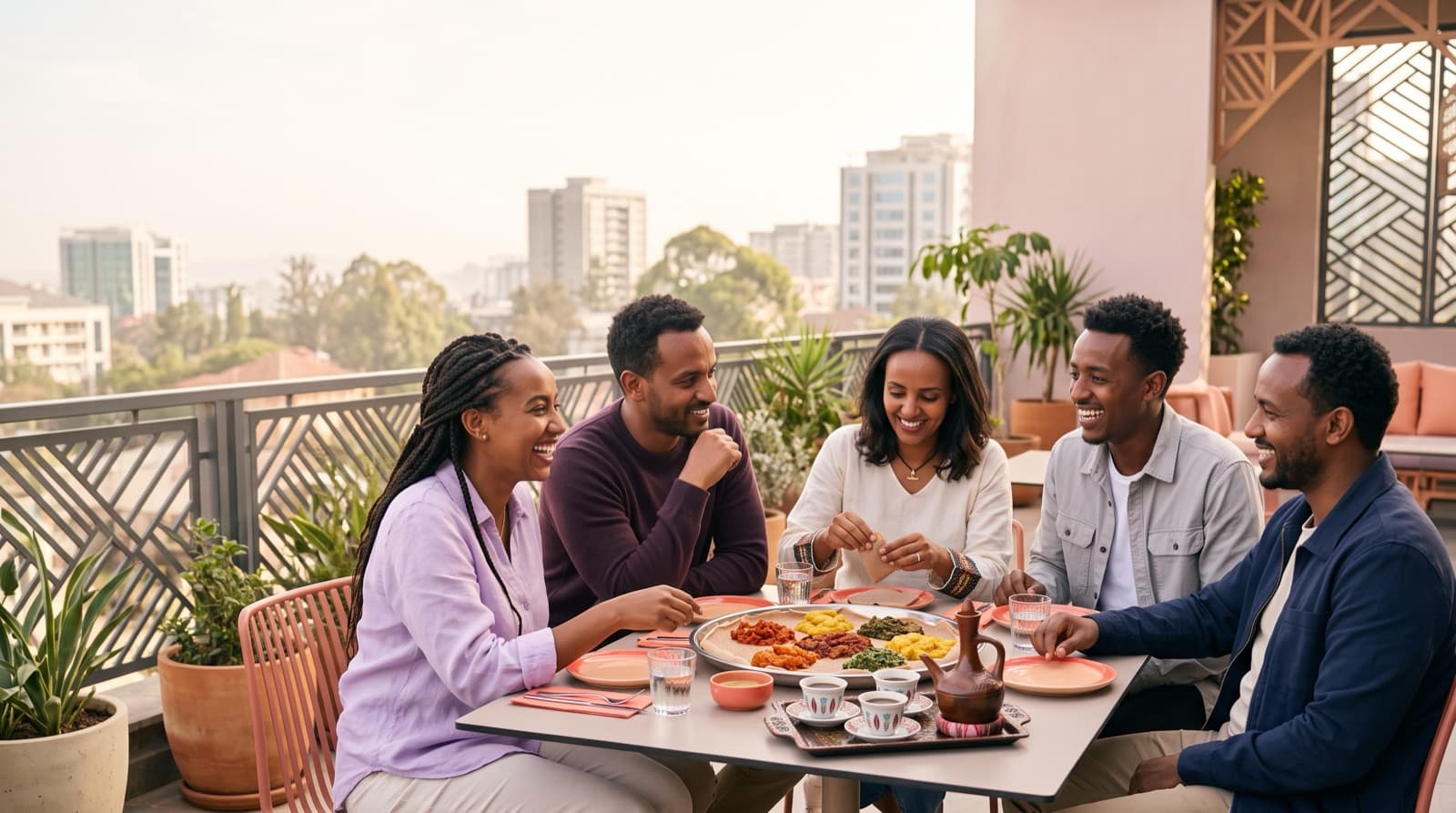 Friends sharing a meal in Addis